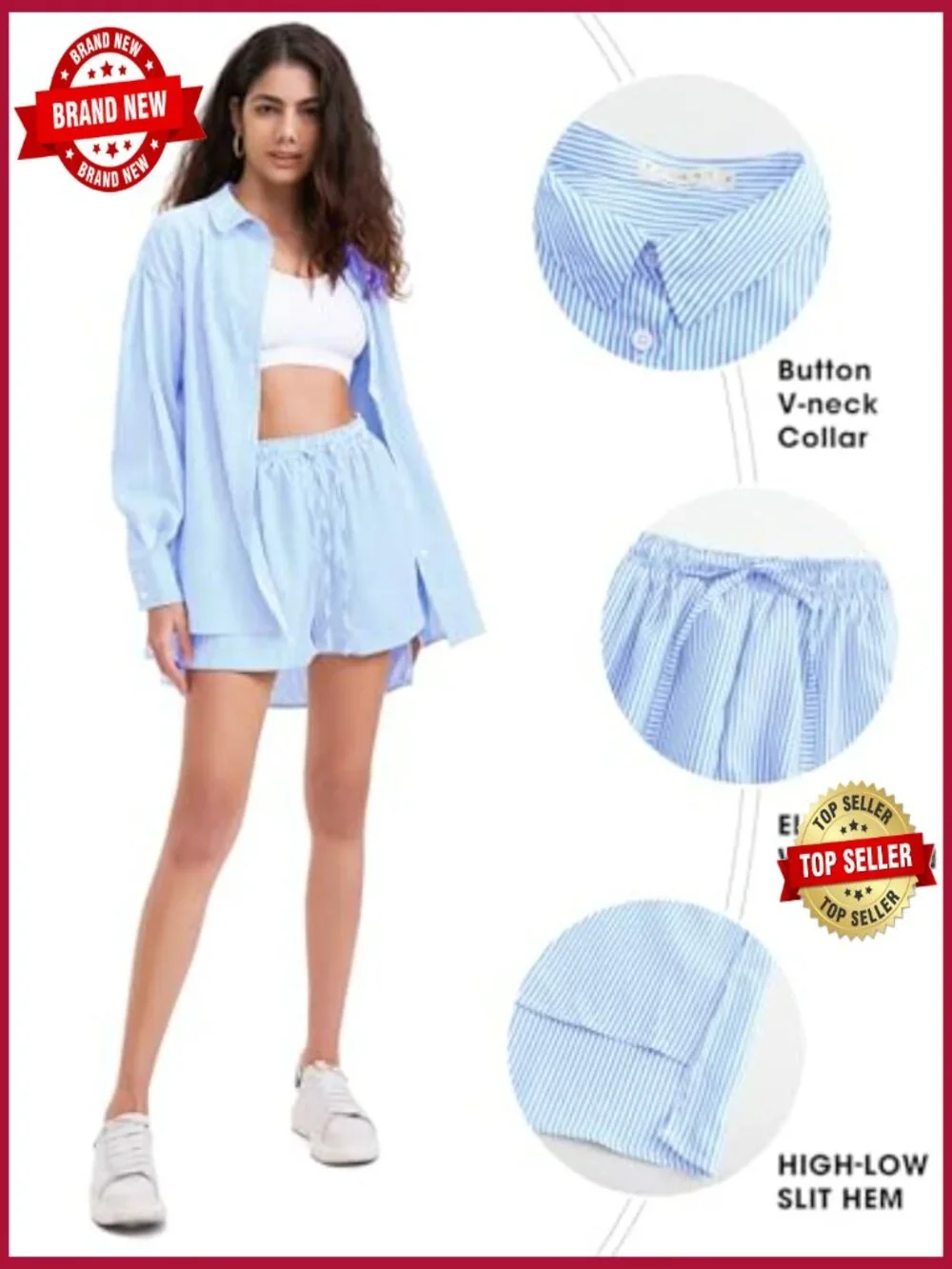 Women's Cotton Summer 2 Piece Sets Long Sleeve Button Down Shirts Matching